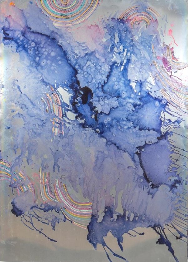Off white cover with colourful sections of gold, green and pink with drips of dark blue paint and Myriam Holme 2010 – 2020 in small black font below