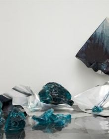 Off white cover with colourful sections of gold, green and pink with drips of dark blue paint and Myriam Holme 2010 – 2020 in small black font below