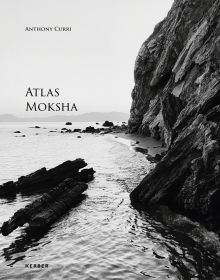 Black and white seascape with cliff edges, Anthony Curri ATLAS MOKSHA in black font