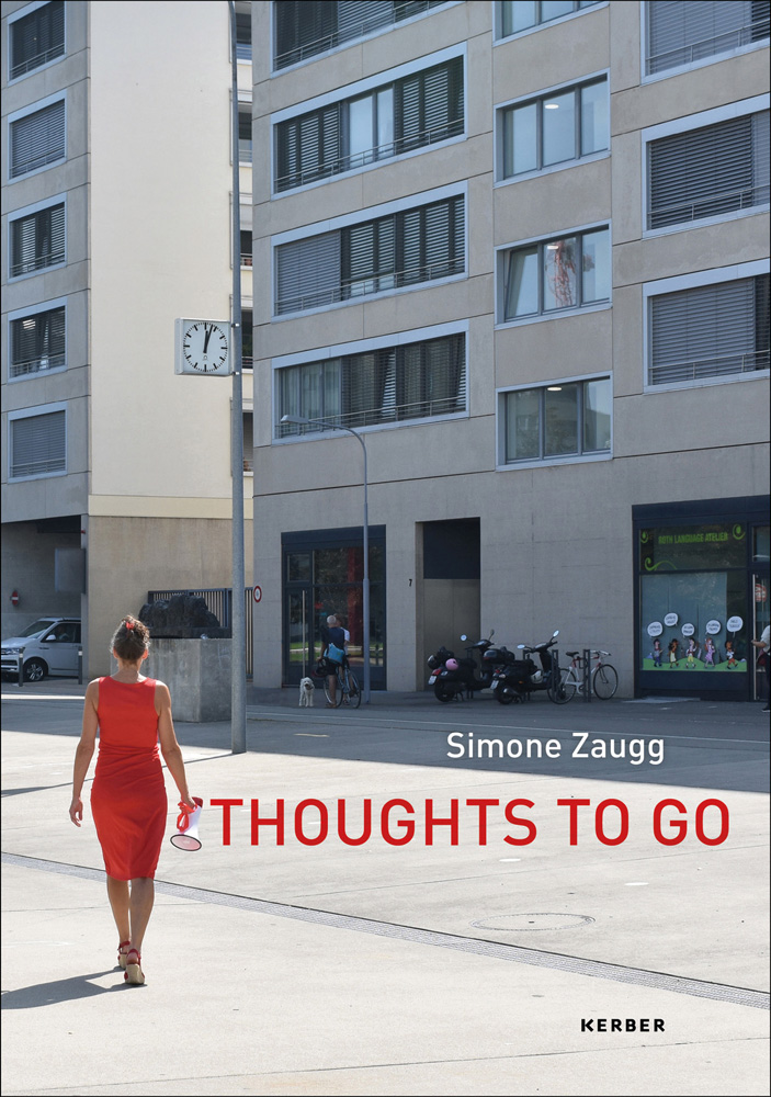 Figure in red dress walking towards high rise, Simone Zaugg in white font, THOUGHTS TO GO in red font