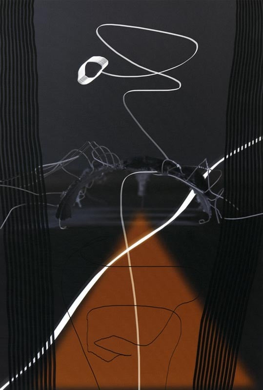 Pale yellow cover with back view of headless figure in thin, floor length beige coat and black silhouetted arms and legs