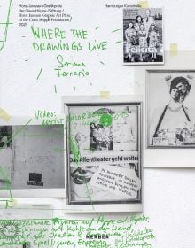 White wall taped with black and white photographs, annotated notes in bright green, WHERE THE DRAWINGS LIVE Serena Ferrario in green font to upper left.