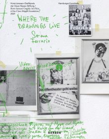 Book cover of Serena Ferrario: Where the Drawings Live, with a white wall taped with black and white photographs, annotated notes in bright green. Published by Kerber.