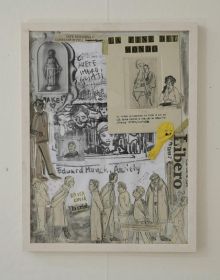 Book cover of Serena Ferrario: Where the Drawings Live, with a white wall taped with black and white photographs, annotated notes in bright green. Published by Kerber.