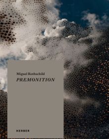 Blue sky with white clouds, small irregular shapes in copper, Miguel Rothschild PREMONITION, in navy font to grey banner to bottom left of cover.