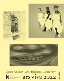 Book cover of ars viva 2022: Tamina Amadyar, Lewis Hammond, Mooni Perry, featuring three paintings. Published by Kerber.