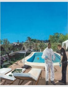 Police officer and man in forensic suit standing near residential swimming pool, basketball hoop above, with deck chairs behind, by Kerber.