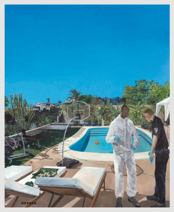 Book cover of Tim Sandow: Blind Date, featuring a painting of a police officer, and man in forensic suit standing near residential swimming pool, basketball hoop above, and deck chairs behind. Published by Kerber.