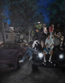 Book cover of Tim Sandow: Blind Date, featuring a painting of a police officer, and man in forensic suit standing near residential swimming pool, basketball hoop above, and deck chairs behind. Published by Kerber.
