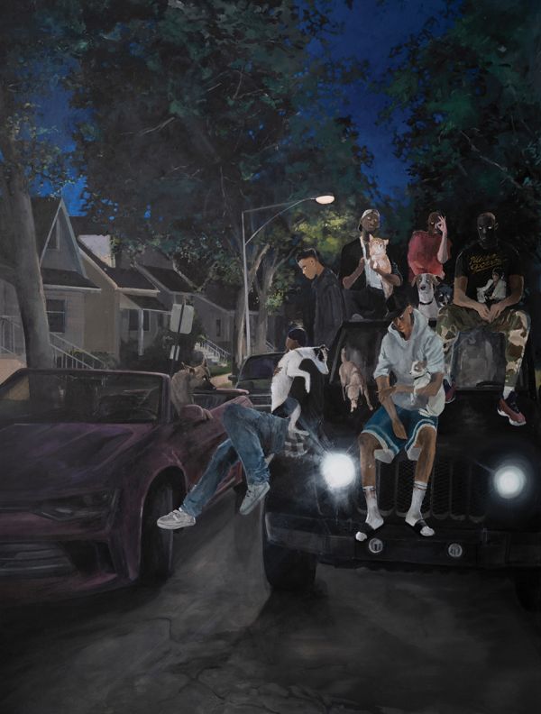 Book cover of Tim Sandow: Blind Date, featuring a painting of a police officer, and man in forensic suit standing near residential swimming pool, basketball hoop above, and deck chairs behind. Published by Kerber.