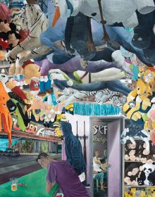 Book cover of Tim Sandow: Blind Date, featuring a painting of a police officer, and man in forensic suit standing near residential swimming pool, basketball hoop above, and deck chairs behind. Published by Kerber.