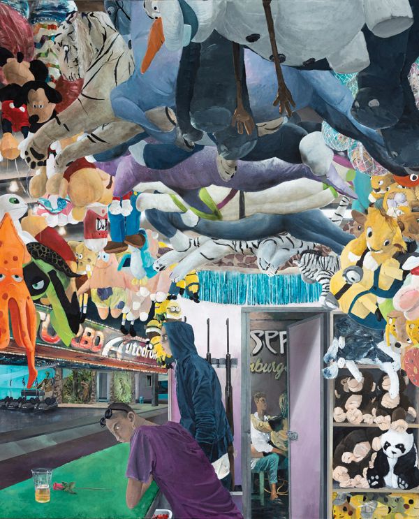 Book cover of Tim Sandow: Blind Date, featuring a painting of a police officer, and man in forensic suit standing near residential swimming pool, basketball hoop above, and deck chairs behind. Published by Kerber.