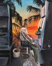 Book cover of Tim Sandow: Blind Date, featuring a painting of a police officer, and man in forensic suit standing near residential swimming pool, basketball hoop above, and deck chairs behind. Published by Kerber.