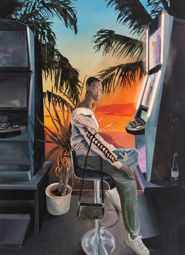 Book cover of Tim Sandow: Blind Date, featuring a painting of a police officer, and man in forensic suit standing near residential swimming pool, basketball hoop above, and deck chairs behind. Published by Kerber.