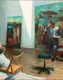 Section of painting tilted to left, figures in family home, on burgundy red cover, ILYA AND EMILIA KABAKOV PAINTINGS ABOUT PAINTINGS in pale blue font above, by Kerber.