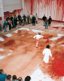 HERMANN NITSCH in stencilled font revealing red painting beneath, on white cover, by Kerber.