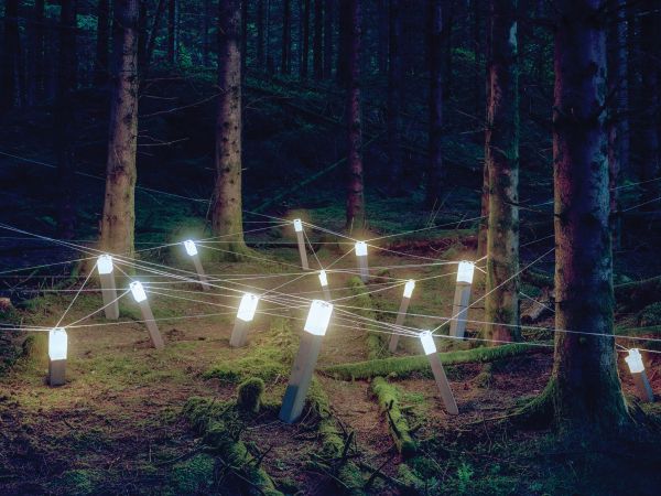 Book cover of Rune Guneriussen Lights go out, with a light installation on wood structure, in a dark forest setting. Published by Kerber.