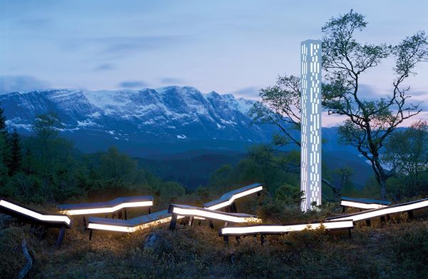 Book cover of Rune Guneriussen Lights go out, with a light installation on wood structure, in a dark forest setting. Published by Kerber.