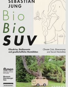 Book cover of Sebastian Jung: Bio Bio SUV, with a sketch of person sticking large tongue out, flat cardboard car shape against tree. Published by Kerber.