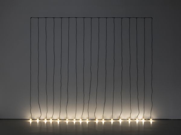 Book cover of Opera Opera: Allegro ma non troppo, with a string of illuminated light bulbs hanging down in exhibition space. Published by Kerber.