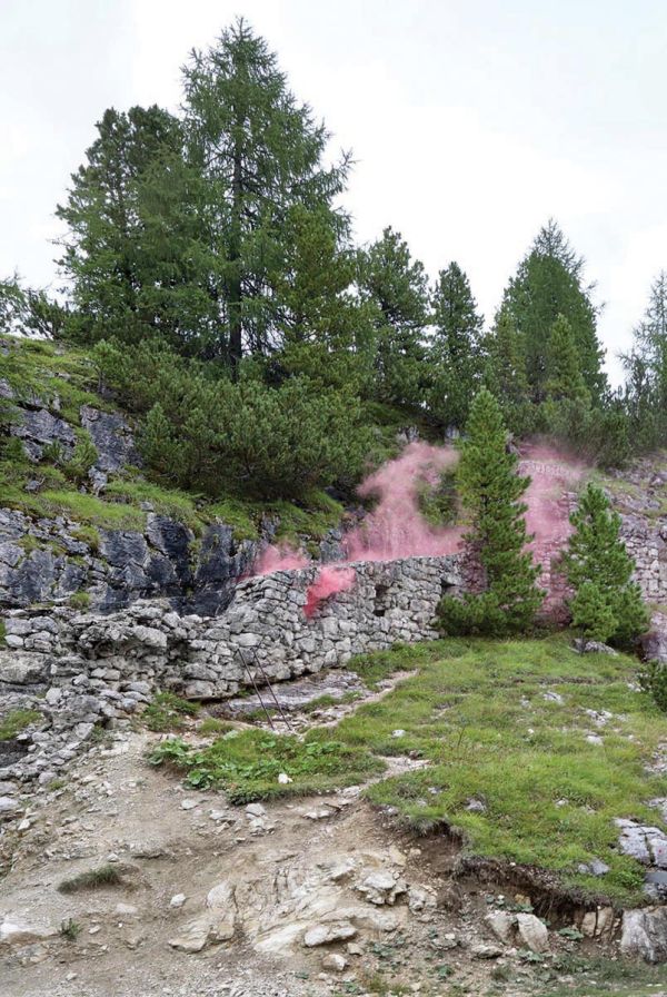 Book cover of Sissa Micheli: Mountain Pieces. Reflecting History, with South Tyrolean mountains surrounded by mist. Published by Kerber.