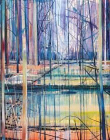 Colourful painting of forest with strong vertical lines, by Theresa Möller.