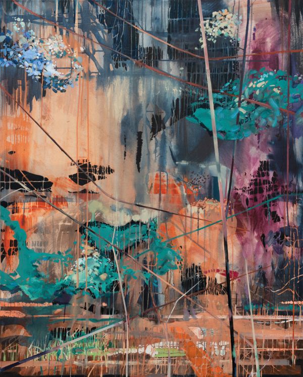 Book cover Theresa Möller: Dis-Nature, featuring a colourful painting of forest with strong vertical lines. Published by Kerber.