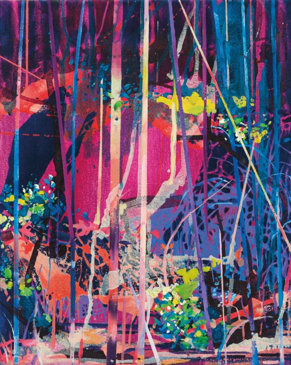 Book cover Theresa Möller: Dis-Nature, featuring a colourful painting of forest with strong vertical lines. Published by Kerber.