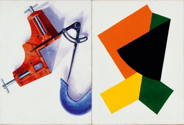 Aerial view of painted art boards on paint splattered floor, on cover of 'Richard Dunn, Thinking Pictures', by Kerber.