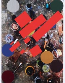 Aerial view of painted art boards on paint splattered floor, on cover of 'Richard Dunn, Thinking Pictures', by Kerber.