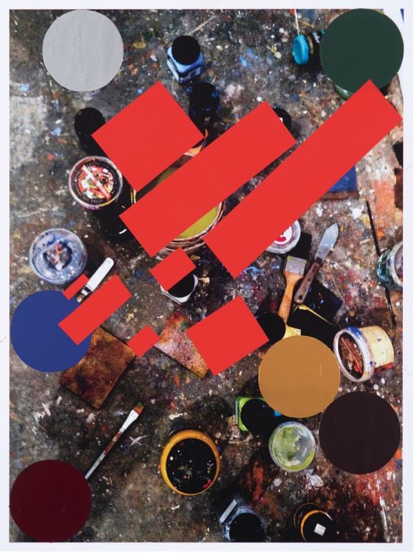 Aerial view of painted art boards on paint splattered floor, on cover of 'Richard Dunn, Thinking Pictures', by Kerber.