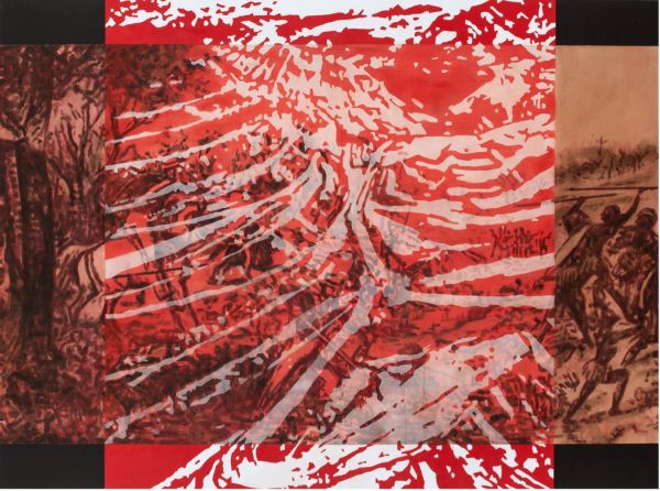 Aerial view of painted art boards on paint splattered floor, on cover of 'Richard Dunn, Thinking Pictures', by Kerber.