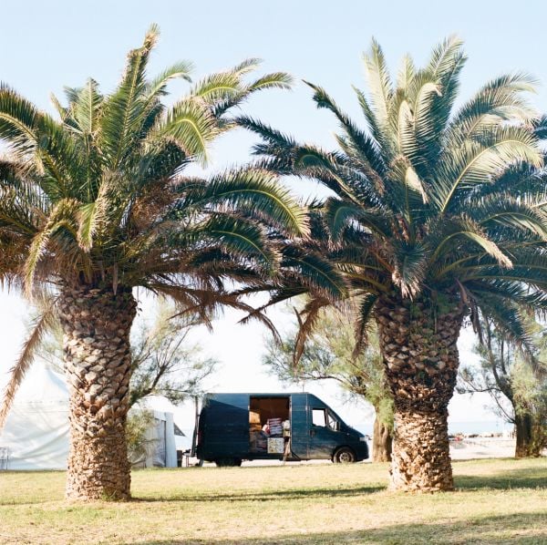 Book cover of Riccardo Fregoso, Adriatico, featuring a campervan parked on sand, under blue sky. Published by Kerber.