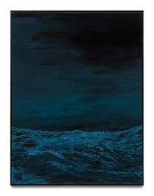 Book cover of Sven Drühl: Die Aufregung II - 20 years later, featuring a copper and navy blue seascape painting. Published by Kerber.