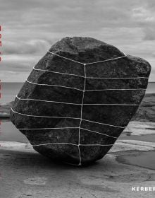 Book cover of Anna Reivilä, Nomad, with a large grey rock bound in rope, on coastal edge. Published by Kerber.