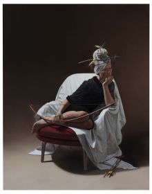 Painting of young girl with metallic sheet draped over head, on cover of 'Wolfgang Kessler, Paintings. Catalogue Raisonné 2013–2022', by Kerber.