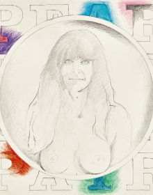 Book cover of Mel Ramos, First Kiss, with an oil sketch of couple naked from torso up. Published by Kerber.