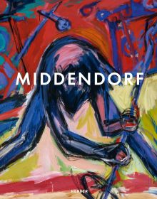 Acrylic painting of singer throwing themselves forward while holding microphone stand, on cover of 'Helmut Middendorf, Berlin SO 36 Revisited', by Kerber.