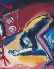 Book cover of Helmut Middendorf, Berlin SO 36 Revisited, with an acrylic painting of singer throwing themselves forward while holding microphone stand. Published by Kerber.
