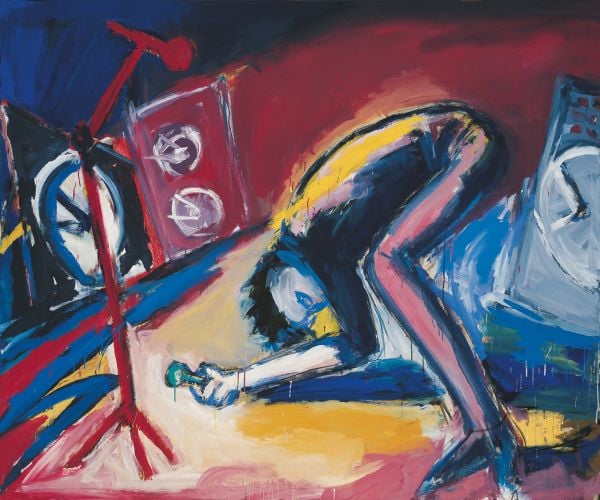 Book cover of Helmut Middendorf, Berlin SO 36 Revisited, with an acrylic painting of singer throwing themselves forward while holding microphone stand. Published by Kerber.