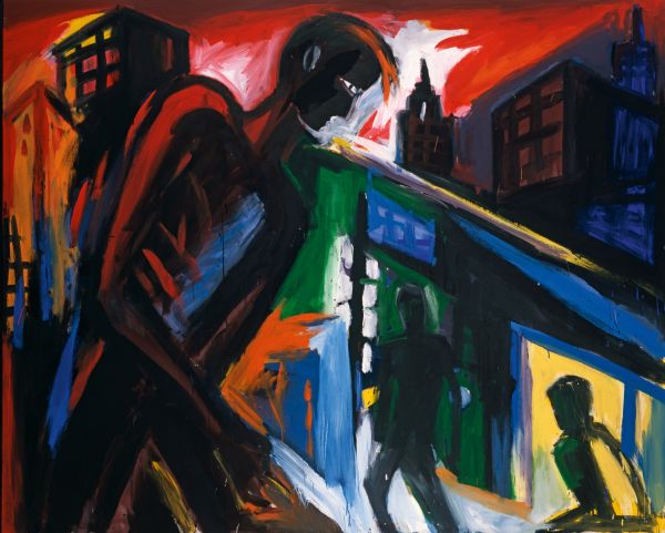 Book cover of Helmut Middendorf, Berlin SO 36 Revisited, with an acrylic painting of singer throwing themselves forward while holding microphone stand. Published by Kerber.