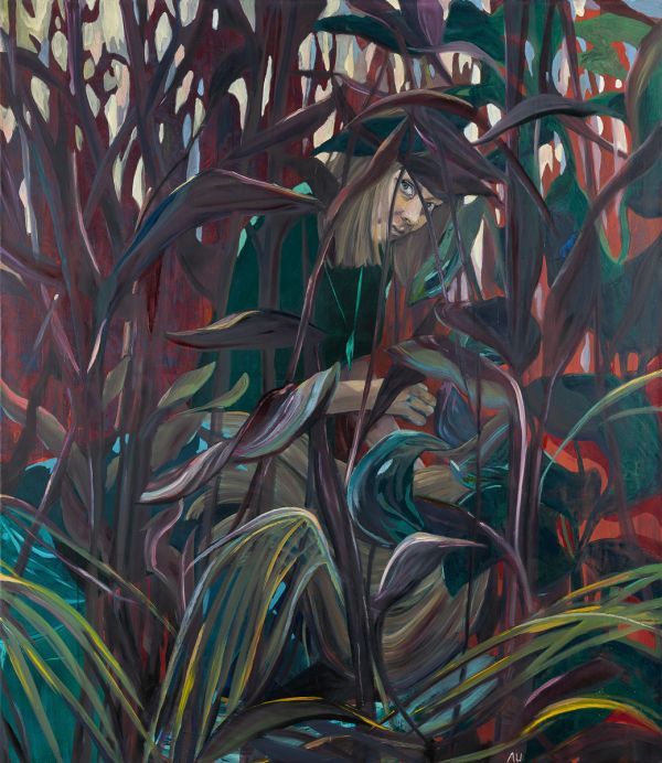 Book cover of Of Clowns and other Scoundrels, Images of our self, with a painting of female with blue hair wearing a colourful shawl. Published by Kerber.