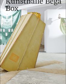 Book cover of Kunsthalle Bega Box, with an art installation of tall wooden box shape falling into hole in floor. Published by Kerber.