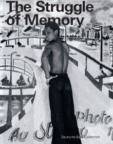 Black artist stands in front of large painting with curved road, on cover of 'The Struggle of Memory, Works from the Deutsche Bank Collection', by Kerber.