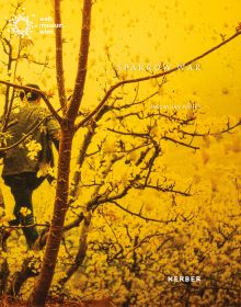 Person walking away from camera through blossom trees, (yellow filter), on cover of 'Maximilian Prüfer, Sparrow War', by Kerber.