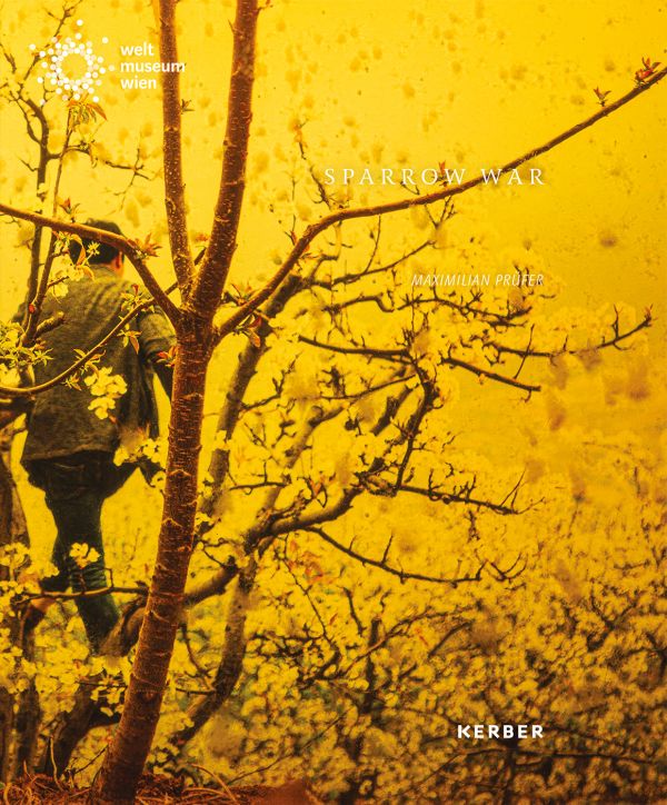 Book cover of Maximilian Prüfer, Sparrow War, with a person walking away from camera through blossom trees. Published by Kerber.