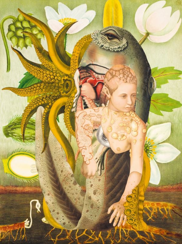 Terracotta sculpture of spiky ball with flower-like head, on cover of 'Ines Doujak, Nichtsdestoweniger. Nevertheless', by Kerber.