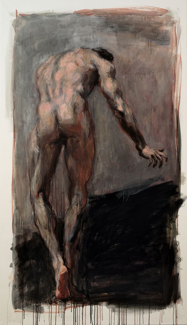 Painting of head and shoulders of figure throwing head back, on cover of 'Henning Bertram, Work Phases 1979–2022', by Kerber.