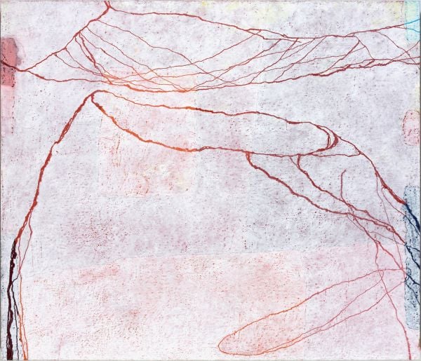 Yellow pastel artwork with blue line marks, on cover of 'Paco Knöller, Unter mir der Himmel (Beneath Me, the Sky), by Kerber.