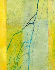 Yellow pastel artwork with blue line marks, on cover of 'Paco Knöller, Unter mir der Himmel (Beneath Me, the Sky), by Kerber.